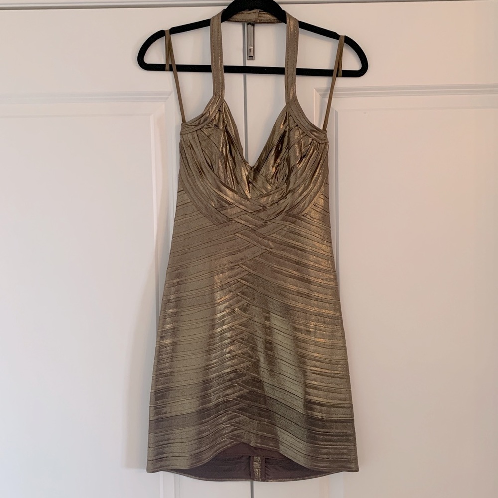 BCBG Maxazria fitted halter mini dress
